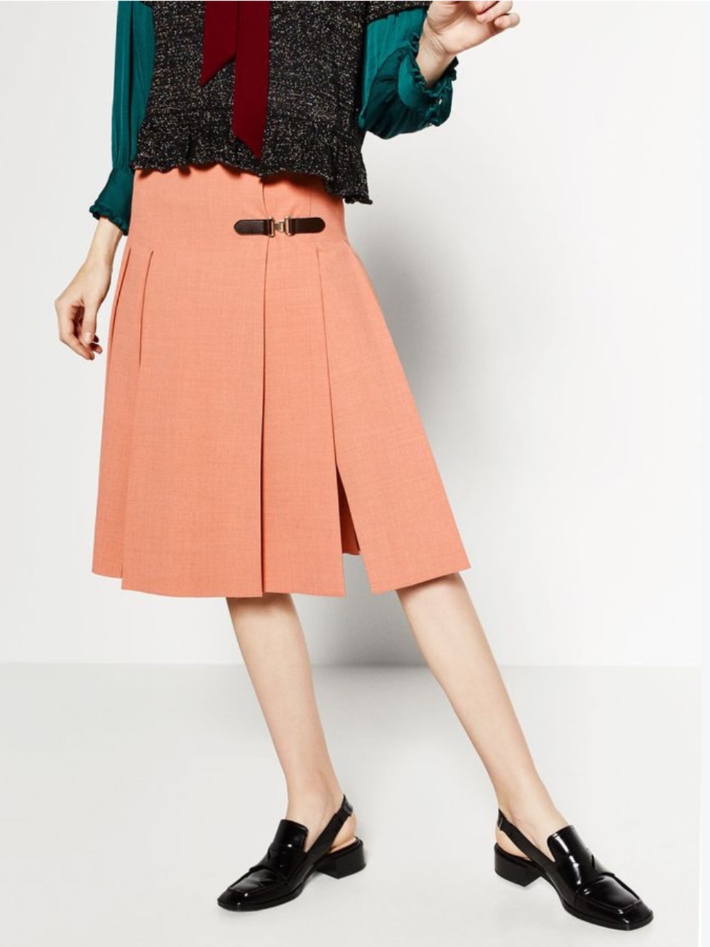 Zara Woman Dusty Rose Box Pleated Midi Skirt Buckle Detail Small